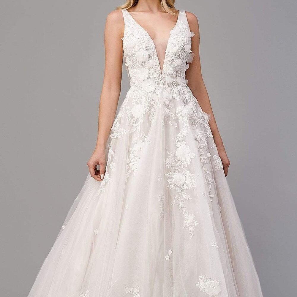 Andrea & Leo Couture French White Plunging Neck Floral Wedding Dress